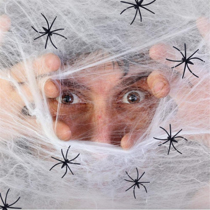 Umělá pavučina, bílá, s pavouky, halloweenská dekorace, 4 pavouci