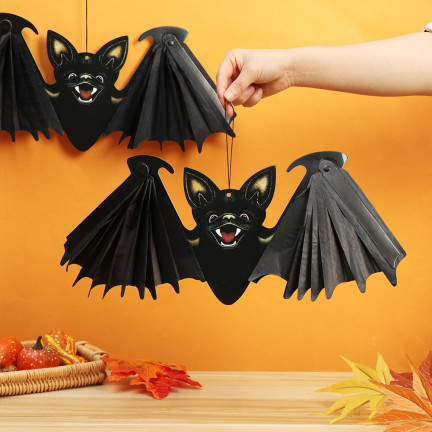 Závěsný netopýr, papírový, černý, skládací, halloweenská dekorace, 19 x 60 cm