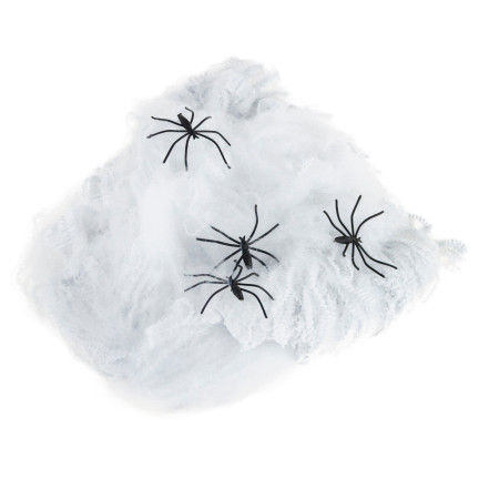 Umělá pavučina, bílá, s pavouky, halloweenská dekorace, 4 pavouci