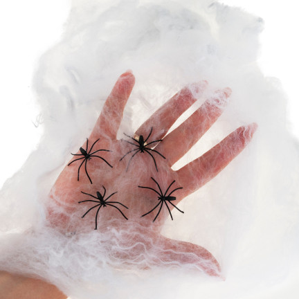 Umělá pavučina, bílá, s pavouky, halloweenská dekorace, 4 pavouci