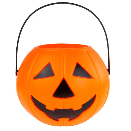 Kbelíček na sladkosti a bonbóny, plastový, oranžový, ve tvaru dýně, s uchem, halloweenská dekorace, průměr 15 cm