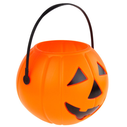 Kbelíček na sladkosti a bonbóny, plastový, oranžový, ve tvaru dýně, s uchem, halloweenská dekorace, průměr 15 cm