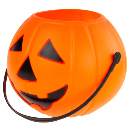 Kbelíček na sladkosti a bonbóny, plastový, oranžový, ve tvaru dýně, s uchem, halloweenská dekorace, průměr 15 cm