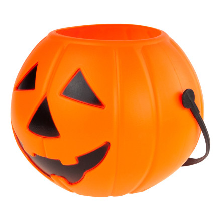 Kbelíček na sladkosti a bonbóny, plastový, oranžový, ve tvaru dýně, s uchem, halloweenská dekorace, průměr 15 cm