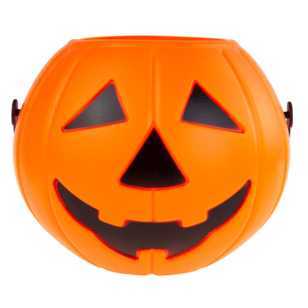 Kbelíček na sladkosti a bonbóny, plastový, oranžový, ve tvaru dýně, s uchem, halloweenská dekorace, průměr 15 cm