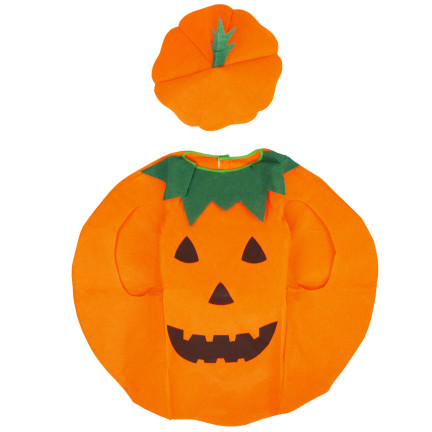 Kostým ve tvaru dýně, z netkané textilie, oranžový, s motivem dýně, dětský halloweenský kostým, velikost S, komplet