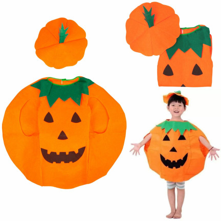 Kostým ve tvaru dýně, z netkané textilie, oranžový, s motivem dýně, dětský halloweenský kostým, velikost S, komplet