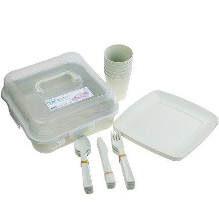 HOB031289 turistická pikniková sada, 32 kusů, hrníčky, příbory, nádoba