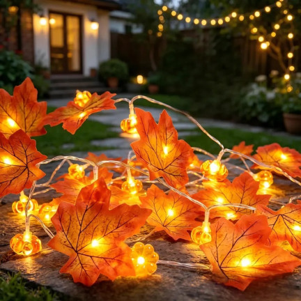 TG84379 LED světýlka ve tvaru listů a podzimních dýní, 10 LED, na baterie, Halloween, dekorace