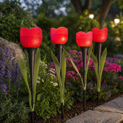 Solární lampička ve tvaru květiny, tulipánová lampa, červená, 29 cm, 1 ks.