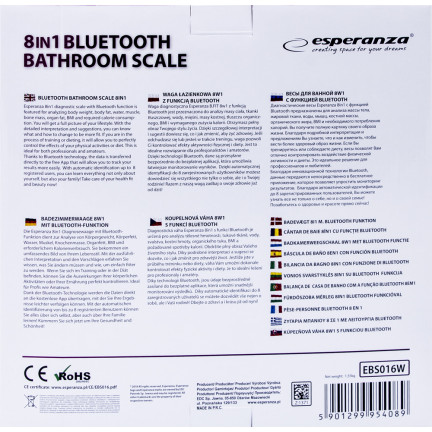 EBS016W Esperanza – koupelnová váha 8 v 1 s
funkcí Bluetooth b.fit, bílá