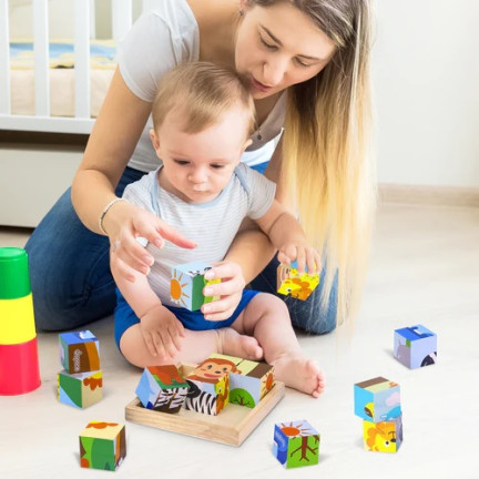 TG50051 dřevěné kostky, vzdělávací puzzle, skládačka 6 v 1, zvířata ze zoo, 9 dílků