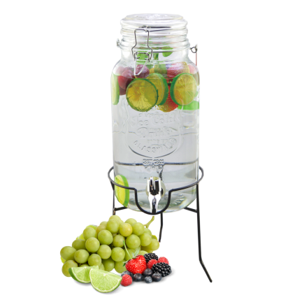Skleněná nádoba s kohoutkem na podstavci, na nápoje, na džus, limonádu, 4 l