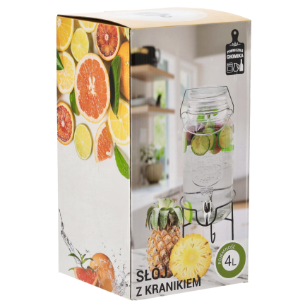 Skleněná nádoba s kohoutkem na podstavci, na nápoje, na džus, limonádu, 4 l