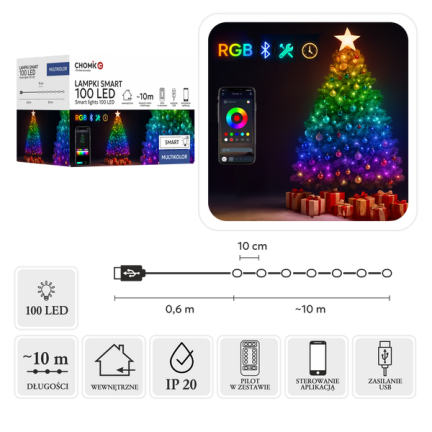 Chytré LED vánoční světýlka, 100 l, vícebarevná, s dálkovým ovládáním, USB, 10 + 0,6 m
