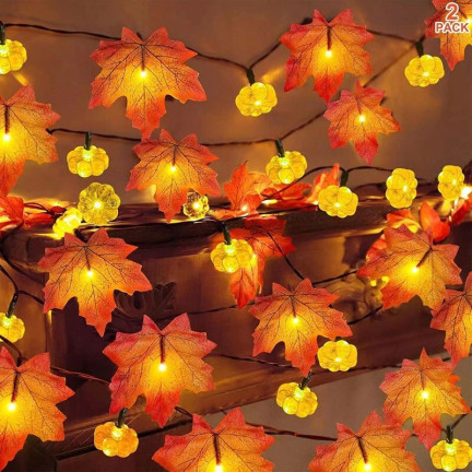 TG84379 LED světýlka ve tvaru listů a podzimních dýní, 10 LED, na baterie, Halloween, dekorace