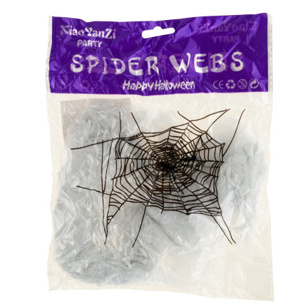 Umělá pavučina s pavouky, bílá, halloweenská dekorace, 22 g, 2 pavouci.
