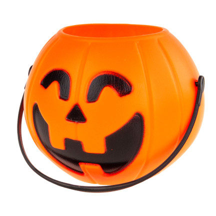 Plastové oranžové dýňové košíčky na sladkosti, dýně s uchem, halloweenský kotlík, průměr 6 cm