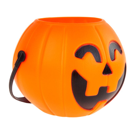 Plastové oranžové dýňové košíčky na sladkosti, dýně s uchem, halloweenský kotlík, průměr 6 cm