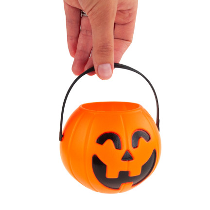 Plastové oranžové dýňové košíčky na sladkosti, dýně s uchem, halloweenský kotlík, průměr 6 cm