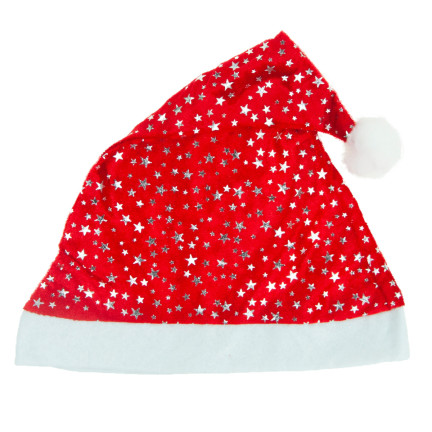 TG53088 čepice Santa Clause s hvězdičkami, vánoční čepice s bambulí, hvězdička, svátky, kostým