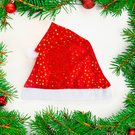 TG53088 čepice Santa Clause s hvězdičkami, vánoční čepice s bambulí, hvězdička, svátky, kostým