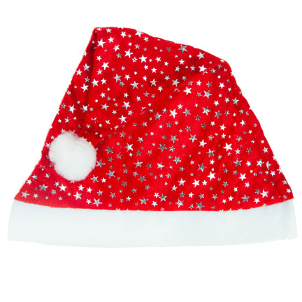 TG53088 čepice Santa Clause s hvězdičkami, vánoční čepice s bambulí, hvězdička, svátky, kostým