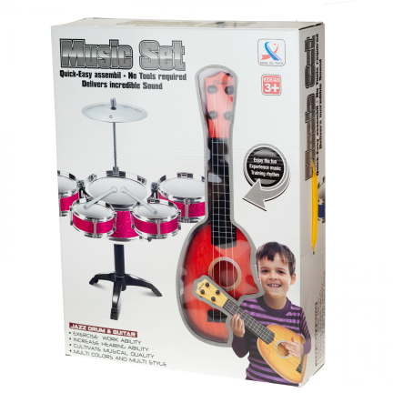 TG55528 bicí + kytara hudební sada s ukulele, bubny, činel a paličky pro děti