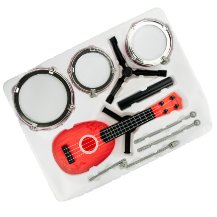 TG55528 bicí + kytara hudební sada s ukulele, bubny, činel a paličky pro děti