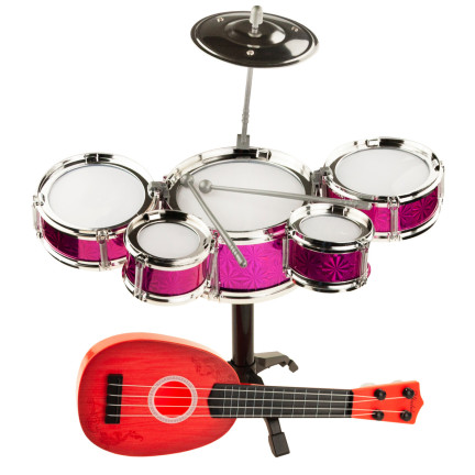 TG55528 bicí + kytara hudební sada s ukulele, bubny, činel a paličky pro děti