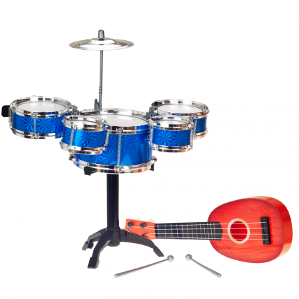 TG55528 bicí + kytara hudební sada s ukulele, bubny, činel a paličky pro děti
