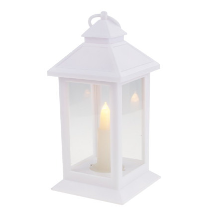 LED lucerna, bílá, na baterie, teplé světlo, imituje plamen, s uchem, výška 17 cm