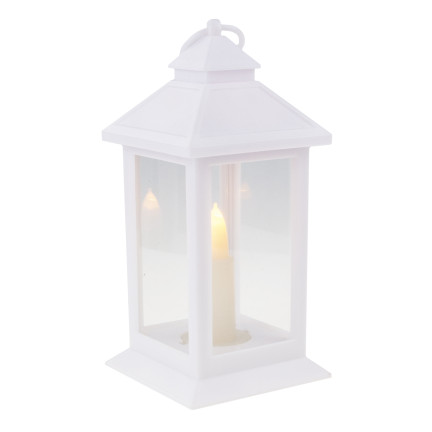 LED lucerna, bílá, na baterie, teplé světlo, imituje plamen, s uchem, výška 17 cm