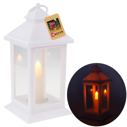 LED lucerna, bílá, na baterie, teplé světlo, imituje plamen, s uchem, výška 17 cm