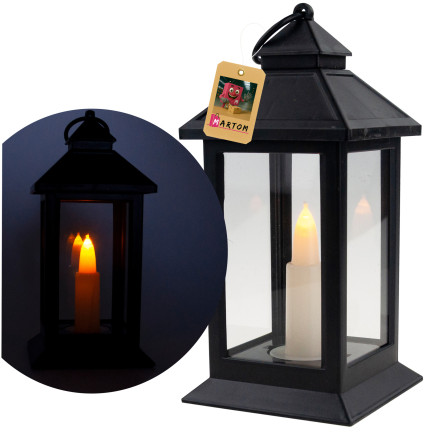 LED lucerna, černá, na baterie, teplé světlo, imituje plamen, s držadlem, výška 17 cm
