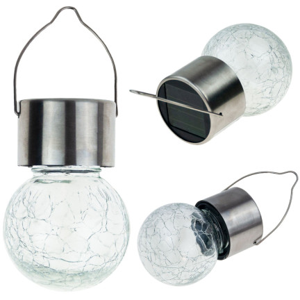 TG60452 solární LED zahradní lampa, skleněná dekorativní závěsná koule s háčkem na balkon
