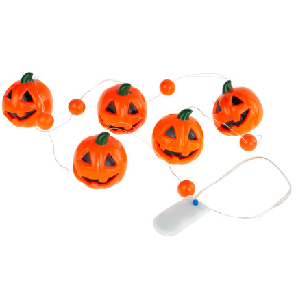 Halloweenská girlanda s dýněmi, oranžová, svítící LED řetěz ve tvaru dýní, 5 ks, délka 110 cm