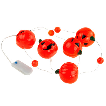 Halloweenská girlanda s dýněmi, oranžová, svítící LED řetěz ve tvaru dýní, 5 ks, délka 110 cm