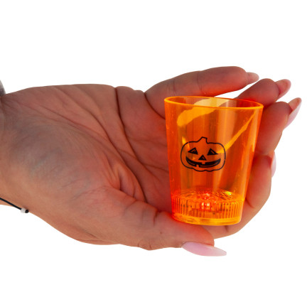 Pohár na nápoje, plastový, oranžový, se svítícími LED diodami, s lebkou a dýní, halloweenský
