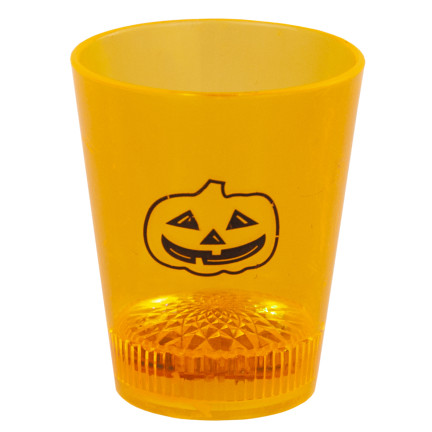 Pohár na nápoje, plastový, oranžový, se svítícími LED diodami, s lebkou a dýní, halloweenský