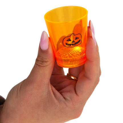 Pohár na nápoje, plastový, oranžový, se svítícími LED diodami, s lebkou a dýní, halloweenský
