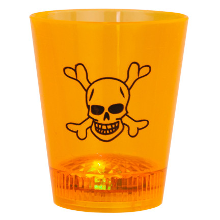 Pohár na nápoje, plastový, oranžový, se svítícími LED diodami, s lebkou a dýní, halloweenský