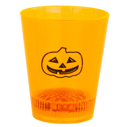 Pohár na nápoje, plastový, oranžový, se svítícími LED diodami, s lebkou a dýní, halloweenský