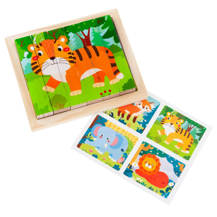TG67009 skládačka, kostky, dřevěná skládačka se zvířátky 4 v 1 – zoo, safari, vzdělávací