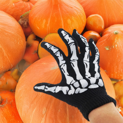 Rukavice s potiskem, černé, kosti, kostra, doplněk k maškarnímu kostýmu, Halloween, univerzální, 1 pár