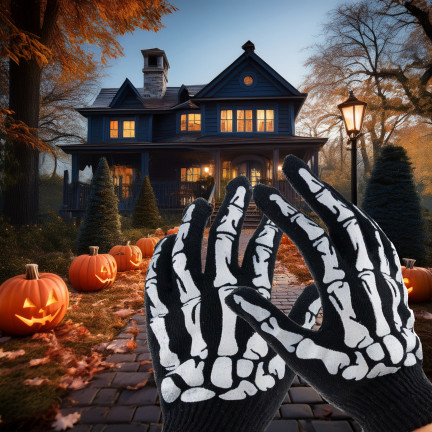 Rukavice s potiskem, černé, kosti, kostra, doplněk k maškarnímu kostýmu, Halloween, univerzální, 1 pár