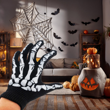Rukavice s potiskem, černé, kosti, kostra, doplněk k maškarnímu kostýmu, Halloween, univerzální, 1 pár