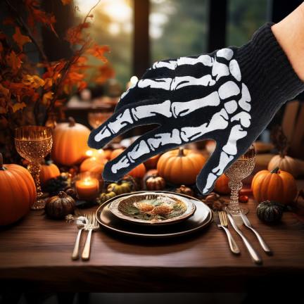 Rukavice s potiskem, černé, kosti, kostra, doplněk k maškarnímu kostýmu, Halloween, univerzální, 1 pár