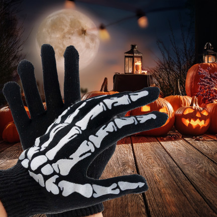 Rukavice s potiskem, černé, kosti, kostra, doplněk k maškarnímu kostýmu, Halloween, univerzální, 1 pár