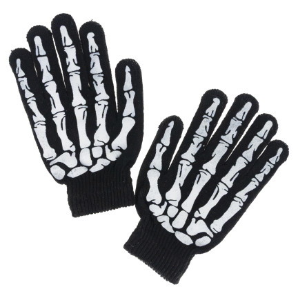Rukavice s potiskem, černé, kosti, kostra, doplněk k maškarnímu kostýmu, Halloween, univerzální, 1 pár